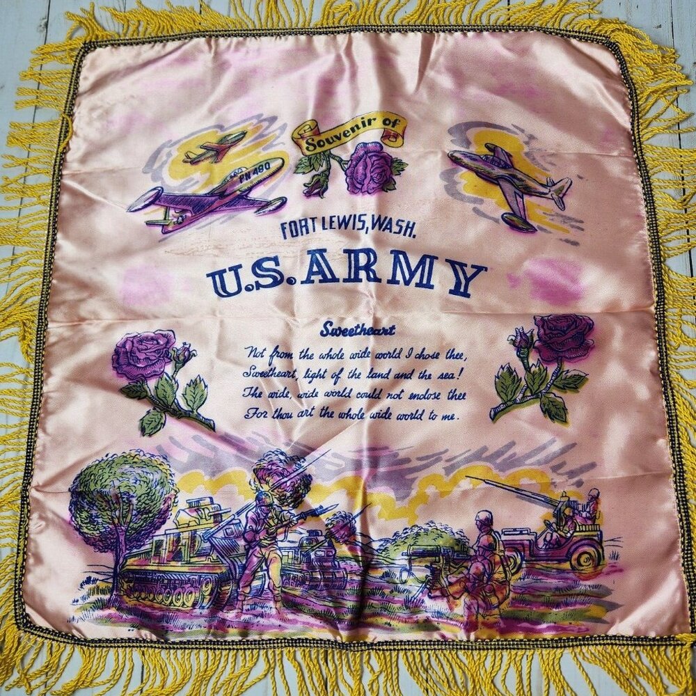 Fort Lewis Washington Vintage Army Sweetheart Pillow 18 in Military BOHO READ
